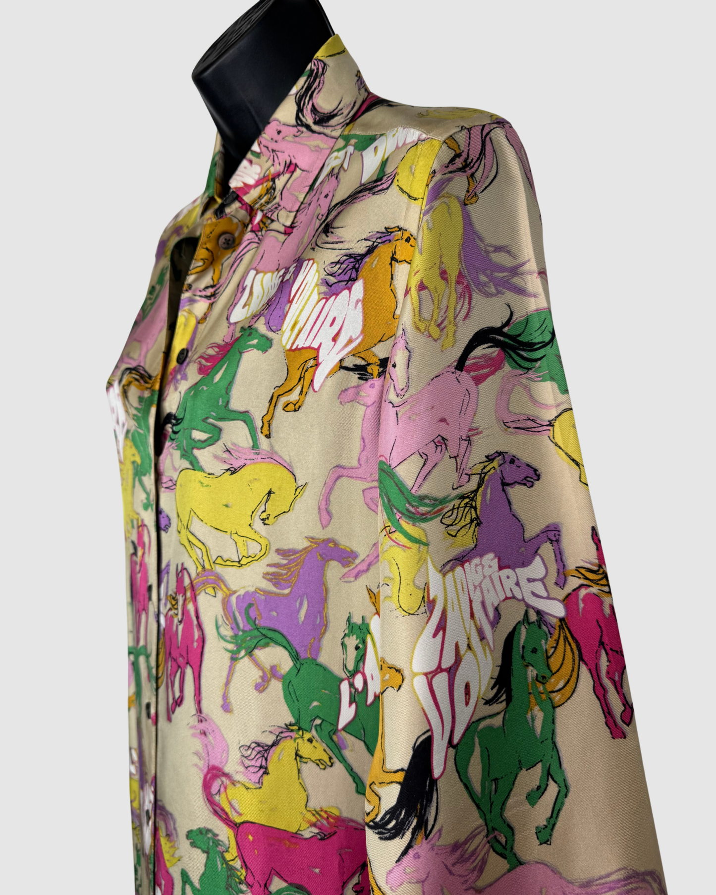 Zadig & Voltaire Silk Multi-Colored Horse Print Button Down Shirt Dress