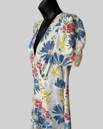 Polo Ralph Lauren White Multicolor Floral Short Puff Sleeve Button Knee-Length Dress NWT