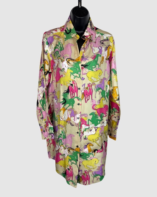Zadig & Voltaire Silk Multi-Colored Horse Print Button Down Shirt Dress