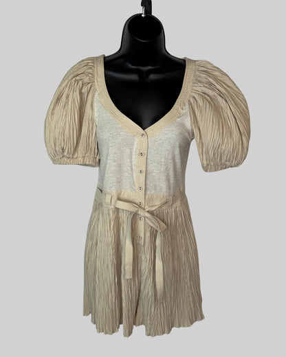 Ulla Johnson Light Tan Short Puff Sleeve Pleated Detail Button Mini Romper w Tie Waist