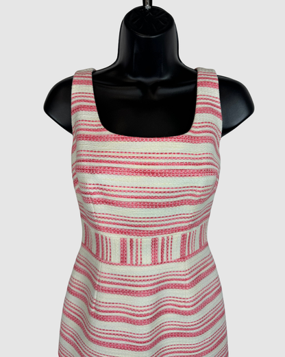 Trina Turk White & Pink Stripe Square Neck Sleeveless Fitted Knee-Length Dress