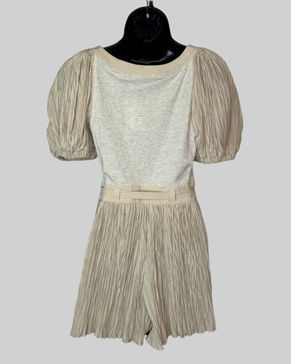 Ulla Johnson Light Tan Short Puff Sleeve Pleated Detail Button Mini Romper w Tie Waist