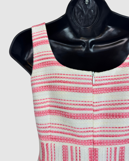 Trina Turk White & Pink Stripe Square Neck Sleeveless Fitted Knee-Length Dress