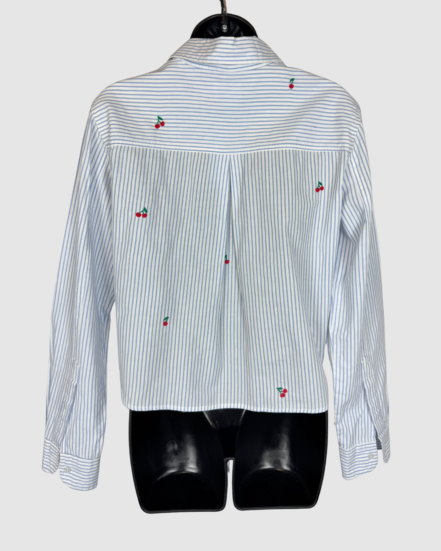 Sundry White & Blue Pinstripe Cherry Print Long Sleeve Button Tie-Front Blouse
