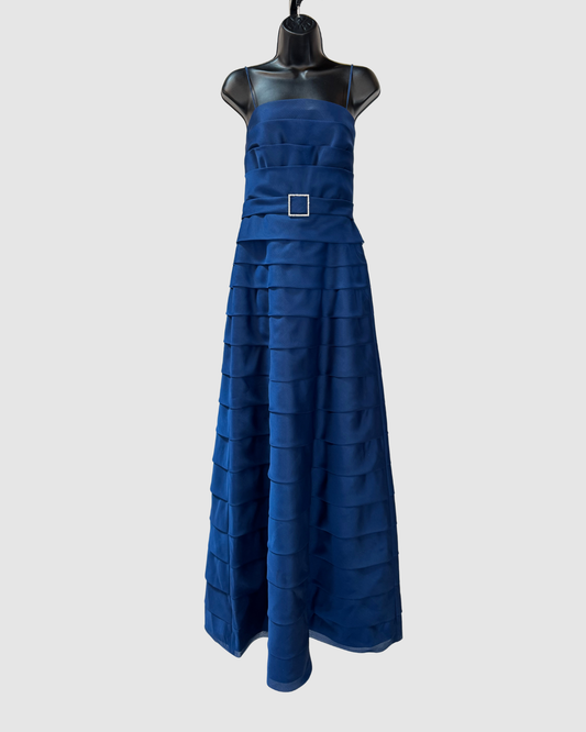 JS Collections Chiffon Dark Blue Sleeveless Tiered Ruffle Crystal Detail Gown w Shawl