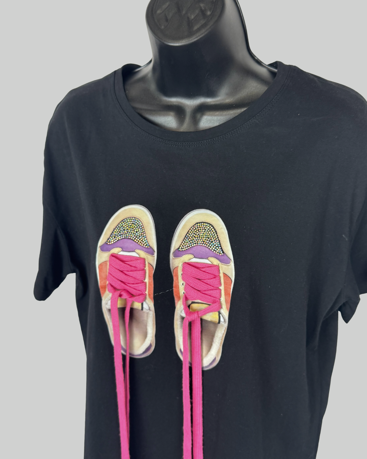 Evis Black Graphic Sneaker Sparkle Pink Lace Up Detail T-Shirt