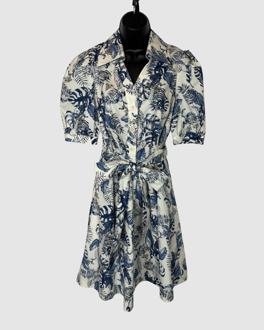 Teri Jon White w/ Blue Palm Print Short Sleeve Button Down Knee-length Dress