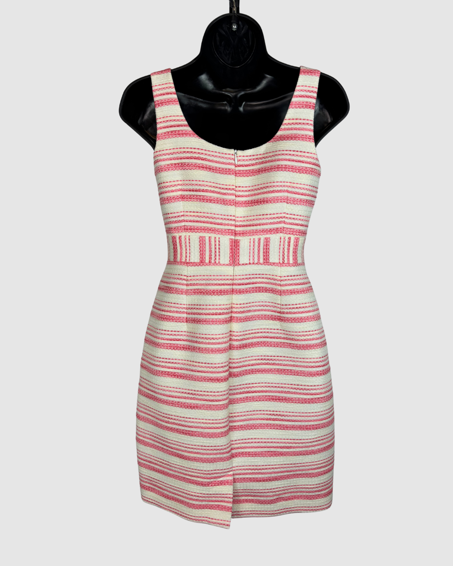 Trina Turk White & Pink Stripe Square Neck Sleeveless Fitted Knee-Length Dress
