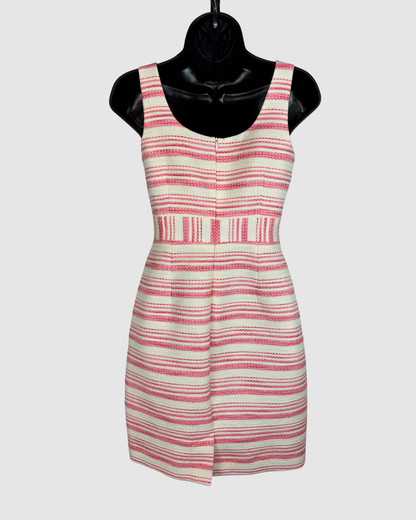 Trina Turk White & Pink Stripe Square Neck Sleeveless Fitted Knee-Length Dress