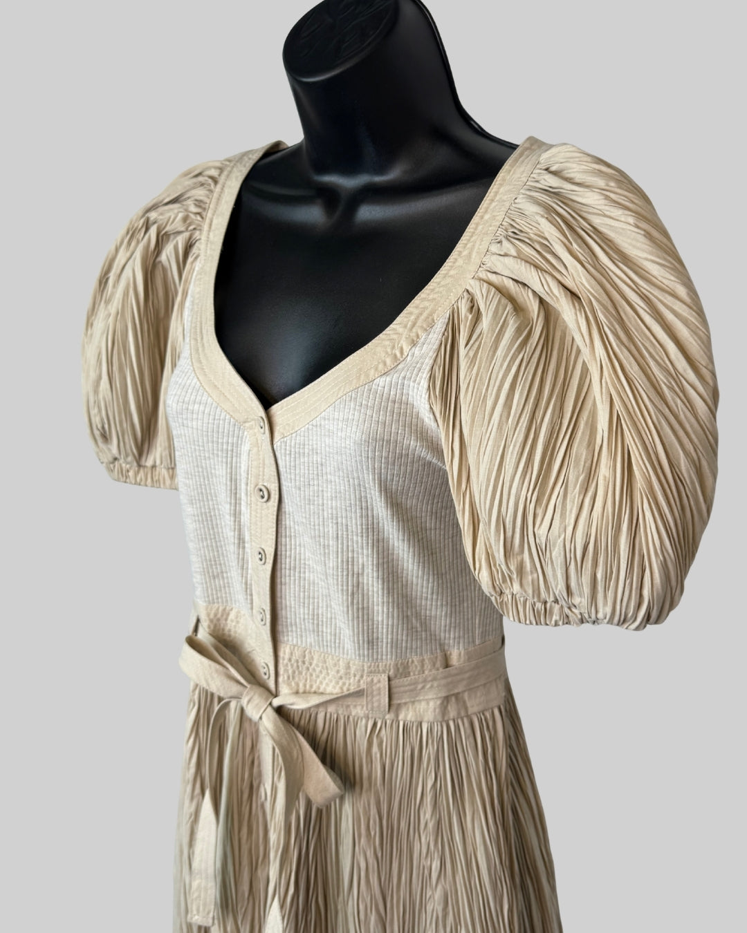 Ulla Johnson Light Tan Short Puff Sleeve Pleated Detail Button Mini Romper w Tie Waist