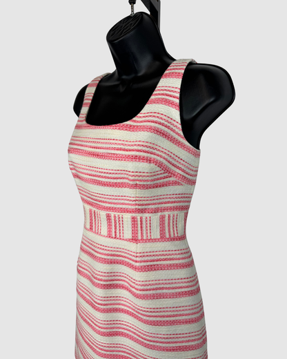 Trina Turk White & Pink Stripe Square Neck Sleeveless Fitted Knee-Length Dress