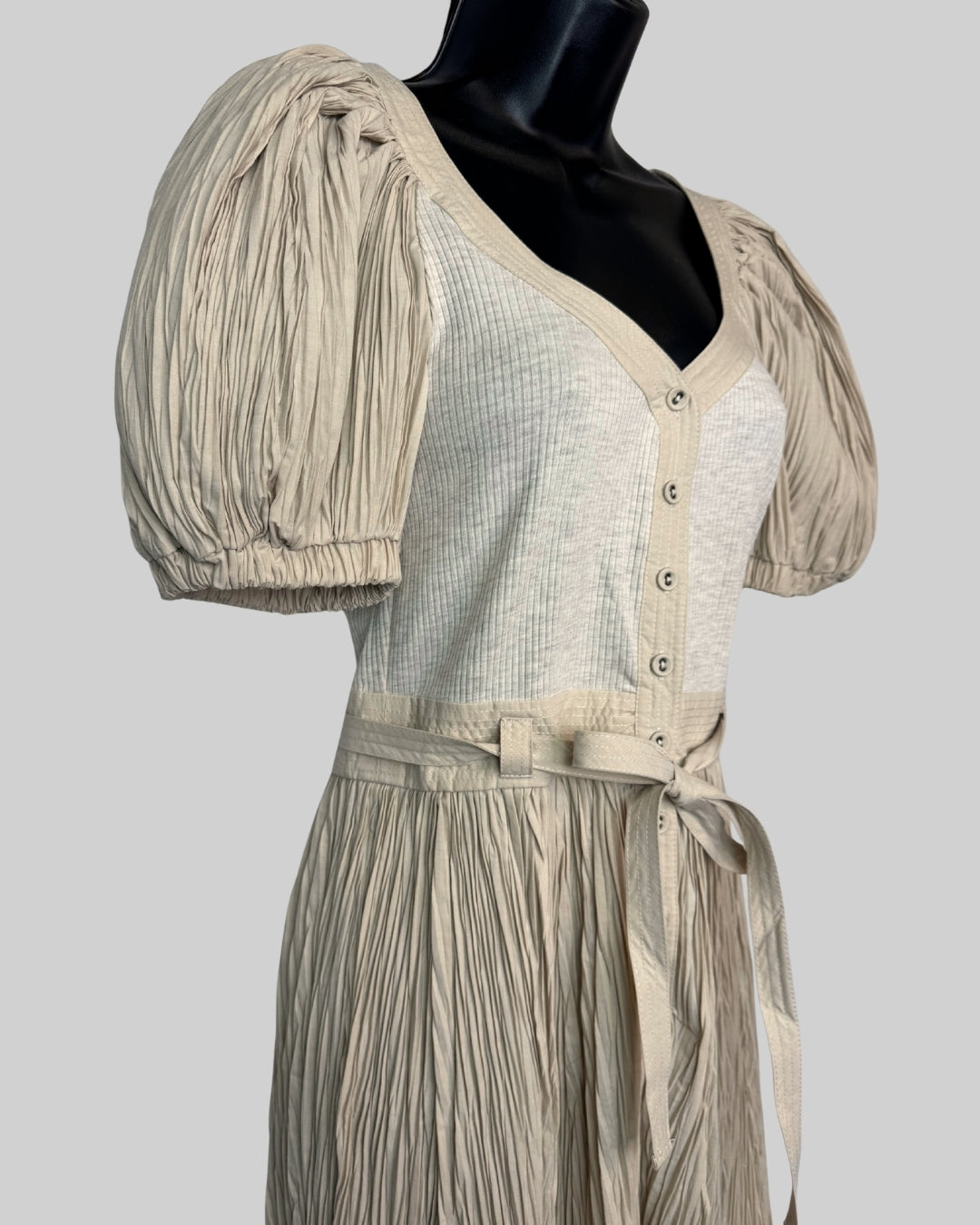 Ulla Johnson Light Tan Short Puff Sleeve Pleated Detail Button Mini Romper w Tie Waist