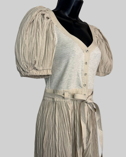 Ulla Johnson Light Tan Short Puff Sleeve Pleated Detail Button Mini Romper w Tie Waist