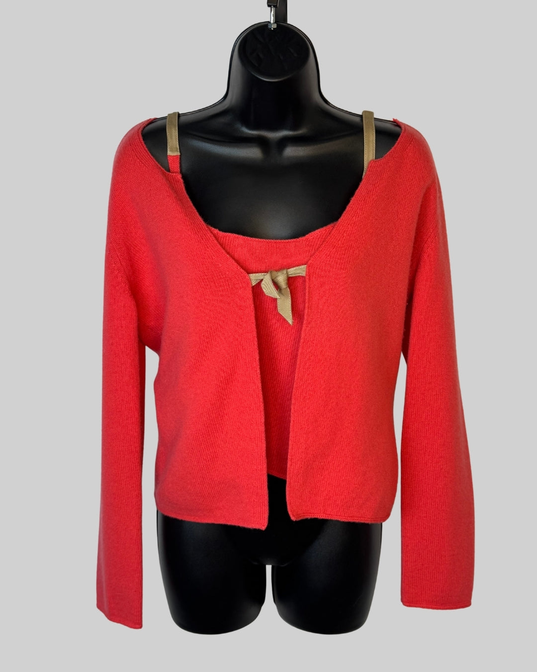 Brunello Cucinelli Cashmere Salmon Nude Strap Cami w Long Sleeve Cardigan & Tie