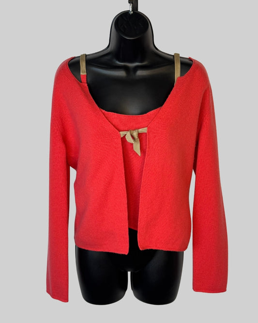 Brunello Cucinelli Cashmere Salmon Nude Strap Cami w Long Sleeve Cardigan & Tie