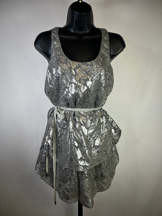 Etcetera Silk Grey & Silver Sleeveless Blouse w/ Waist Tie