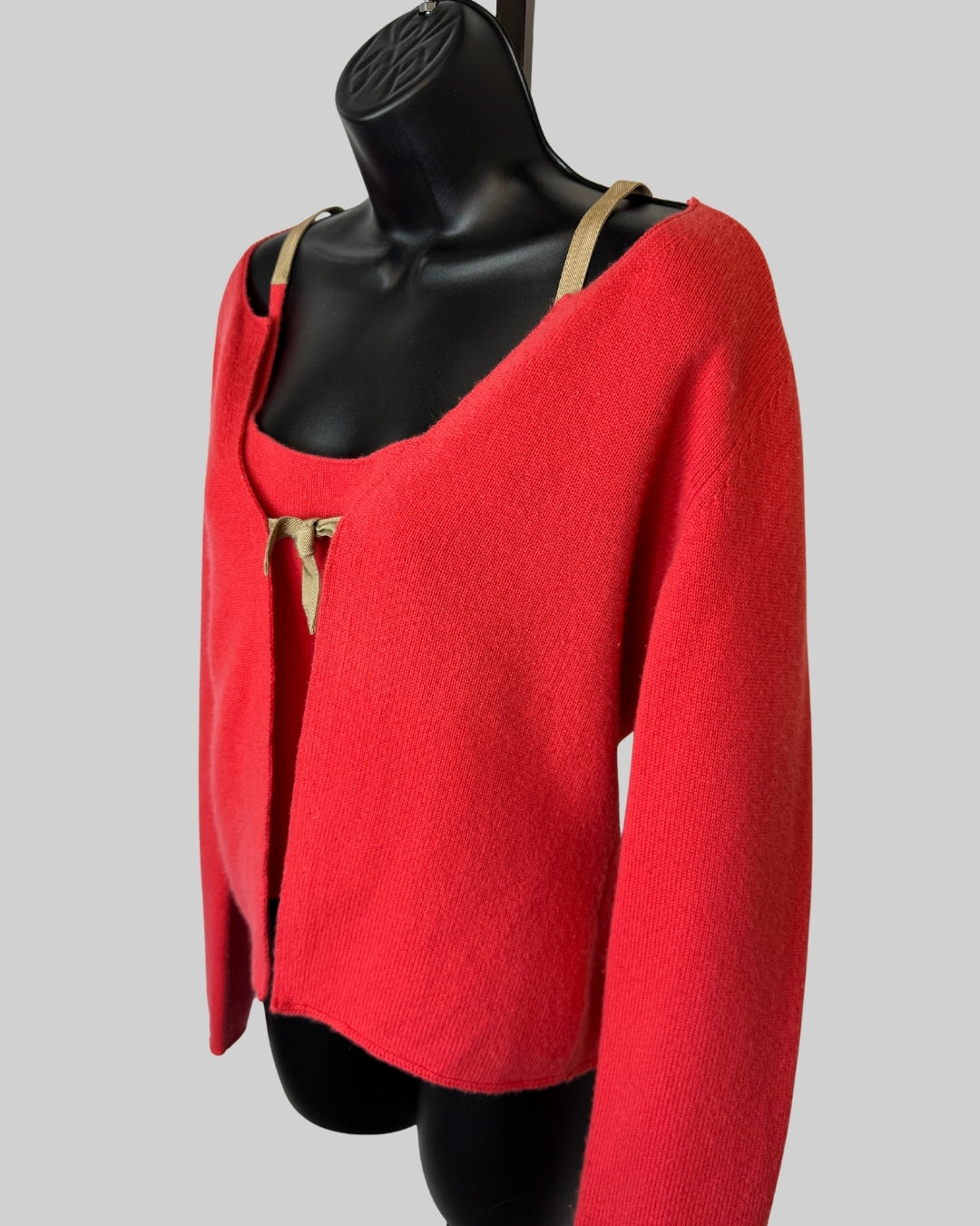 Brunello Cucinelli Cashmere Salmon Nude Strap Cami w Long Sleeve Cardigan & Tie