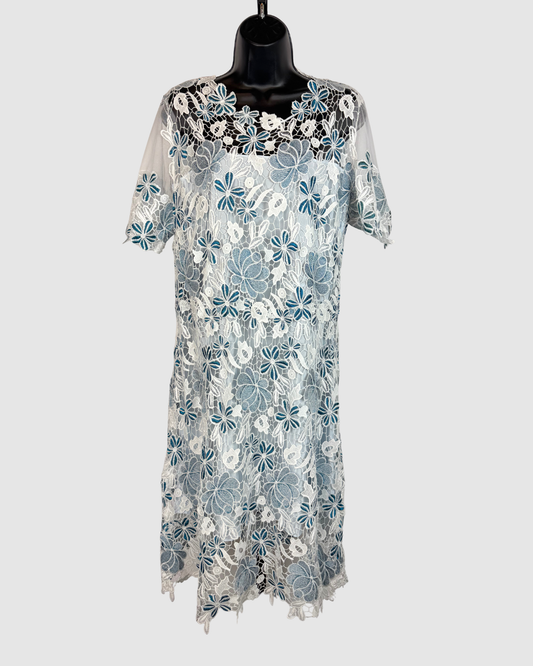 Elie Tahari White & Blue Lave Floral Short Sleeve Knee-Length Dress