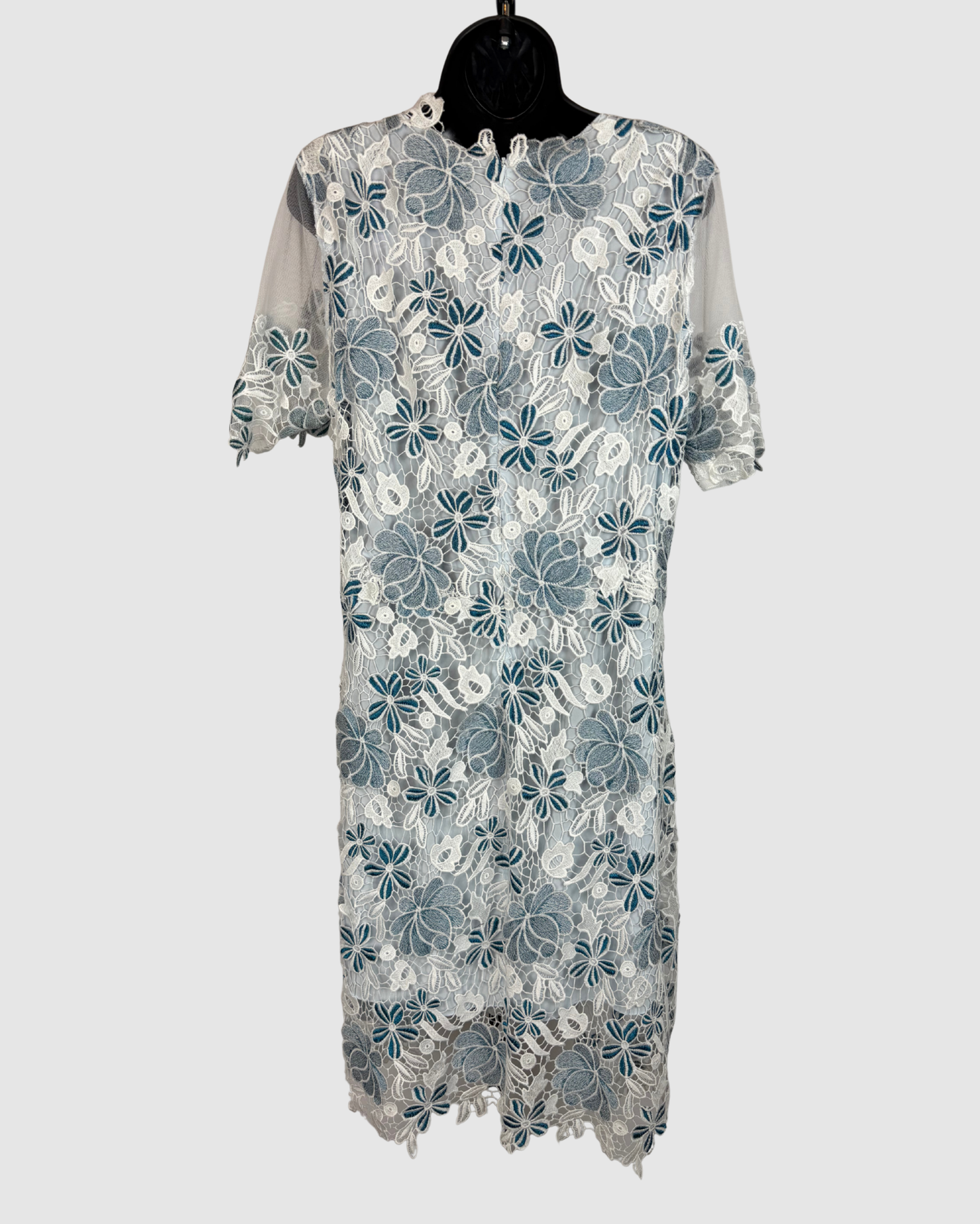 Elie Tahari White & Blue Lave Floral Short Sleeve Knee-Length Dress