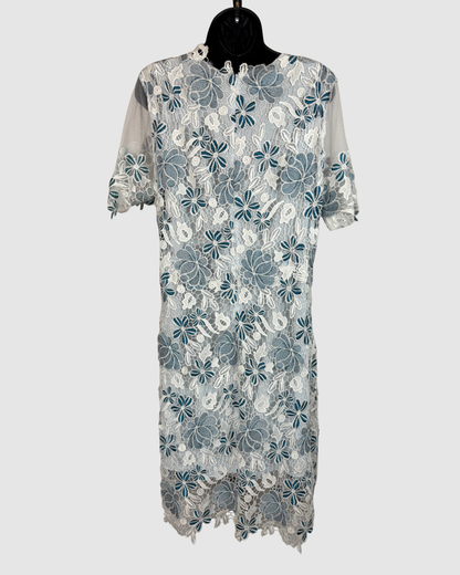 Elie Tahari White & Blue Lave Floral Short Sleeve Knee-Length Dress