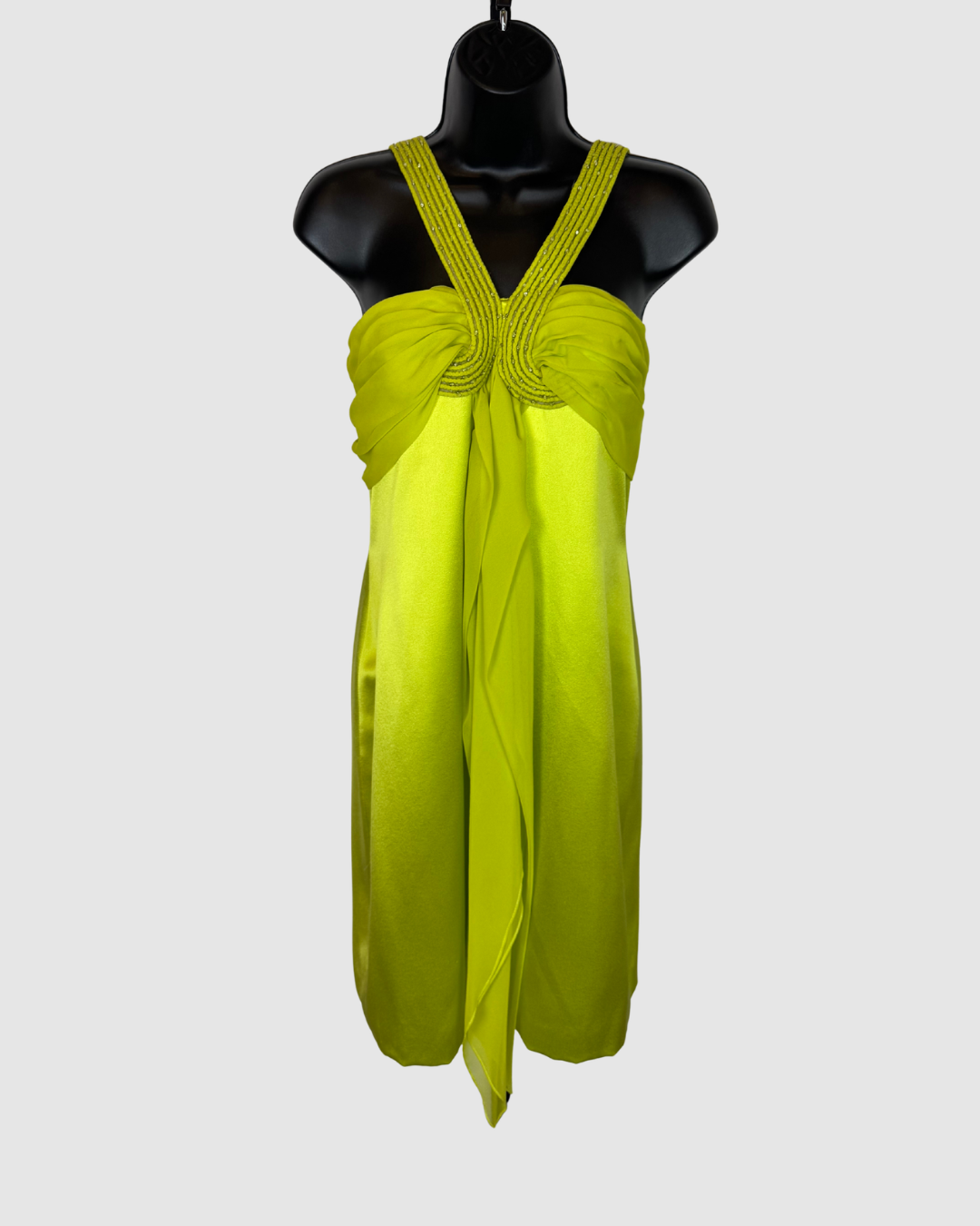 Pamela Roland Lime Green Silk Mini Dress w/ Beaded V-Neck