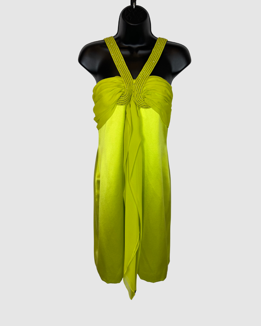 Pamela Roland Lime Green Silk Mini Dress w/ Beaded V-Neck