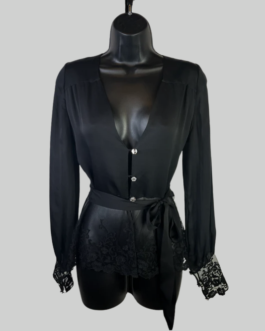 Andres Sarda Silk Black Lace Trim Crystal Button Long Sleeve Blouse w Waist Tie