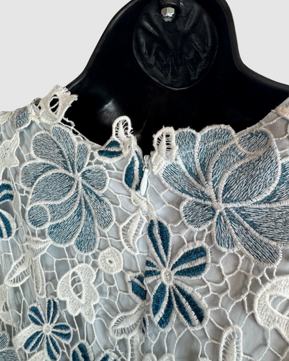 Elie Tahari White & Blue Lave Floral Short Sleeve Knee-Length Dress