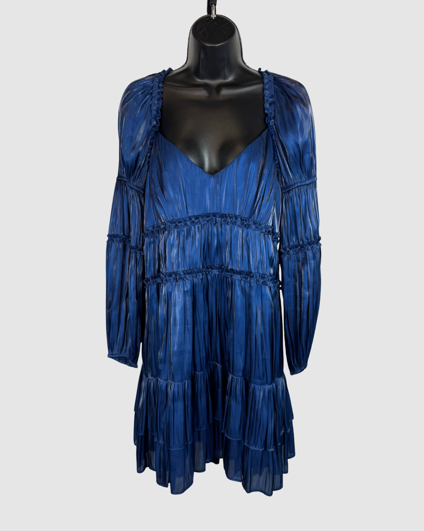 Cinq a Sept Metallic Blue Ruffle & Pleated Long Sleeve Knee-Length Dress NWT