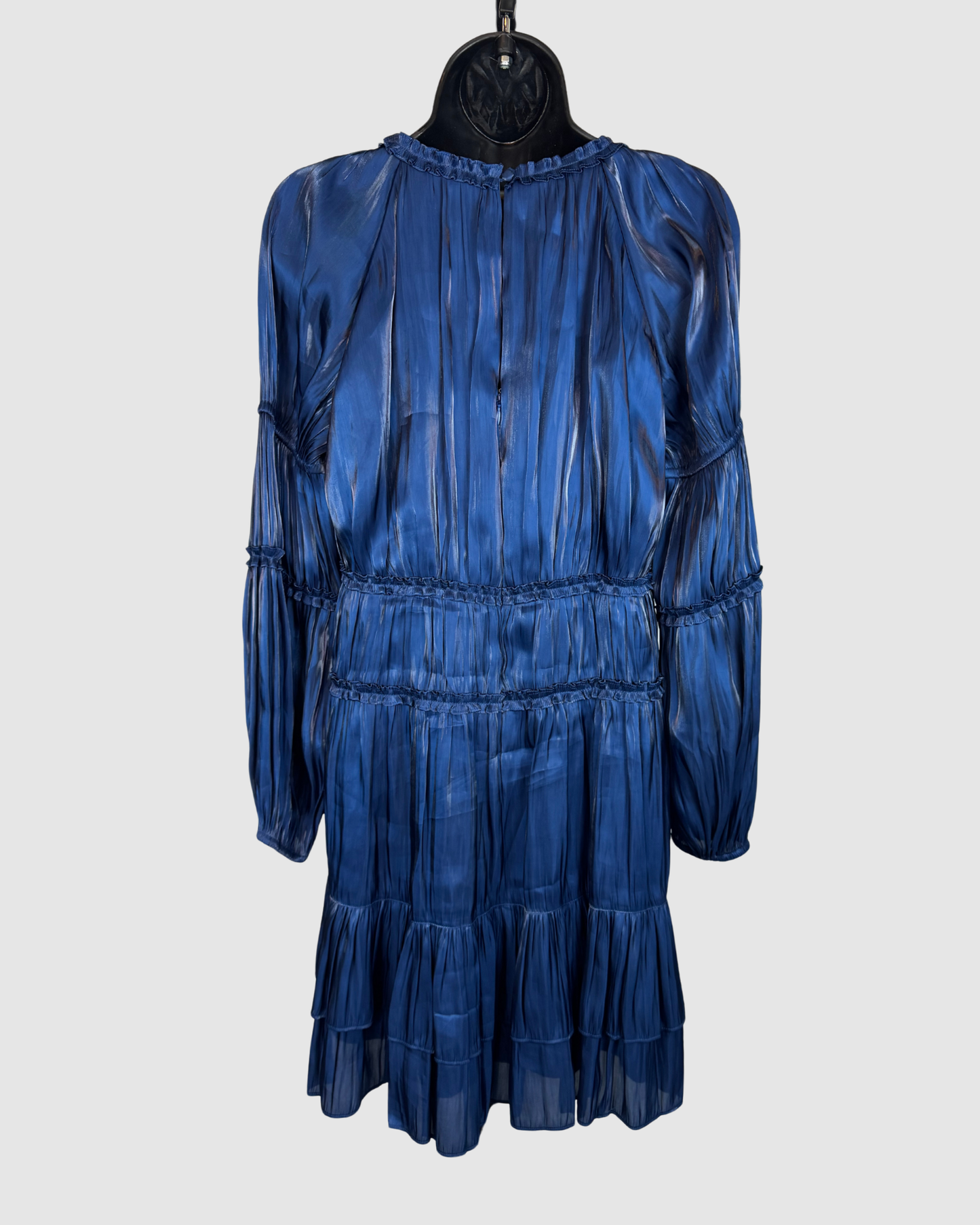 Cinq a Sept Metallic Blue Ruffle & Pleated Long Sleeve Knee-Length Dress NWT