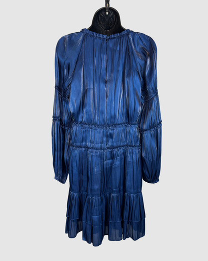 Cinq a Sept Metallic Blue Ruffle & Pleated Long Sleeve Knee-Length Dress NWT