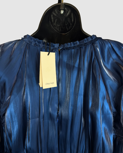 Cinq a Sept Metallic Blue Ruffle & Pleated Long Sleeve Knee-Length Dress NWT