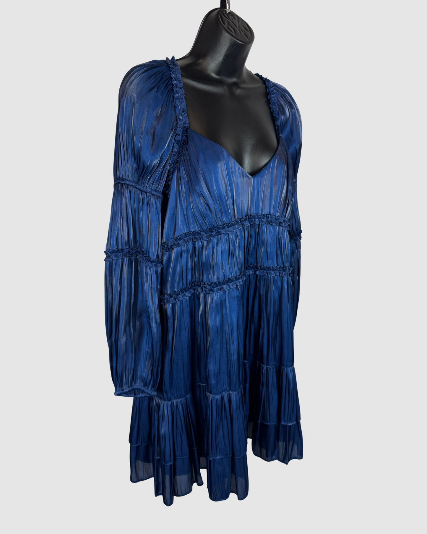 Cinq a Sept Metallic Blue Ruffle & Pleated Long Sleeve Knee-Length Dress NWT