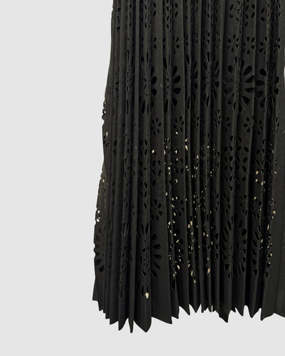 Elie Tahari Black Pleated Eyelet Midi Skirt NWT