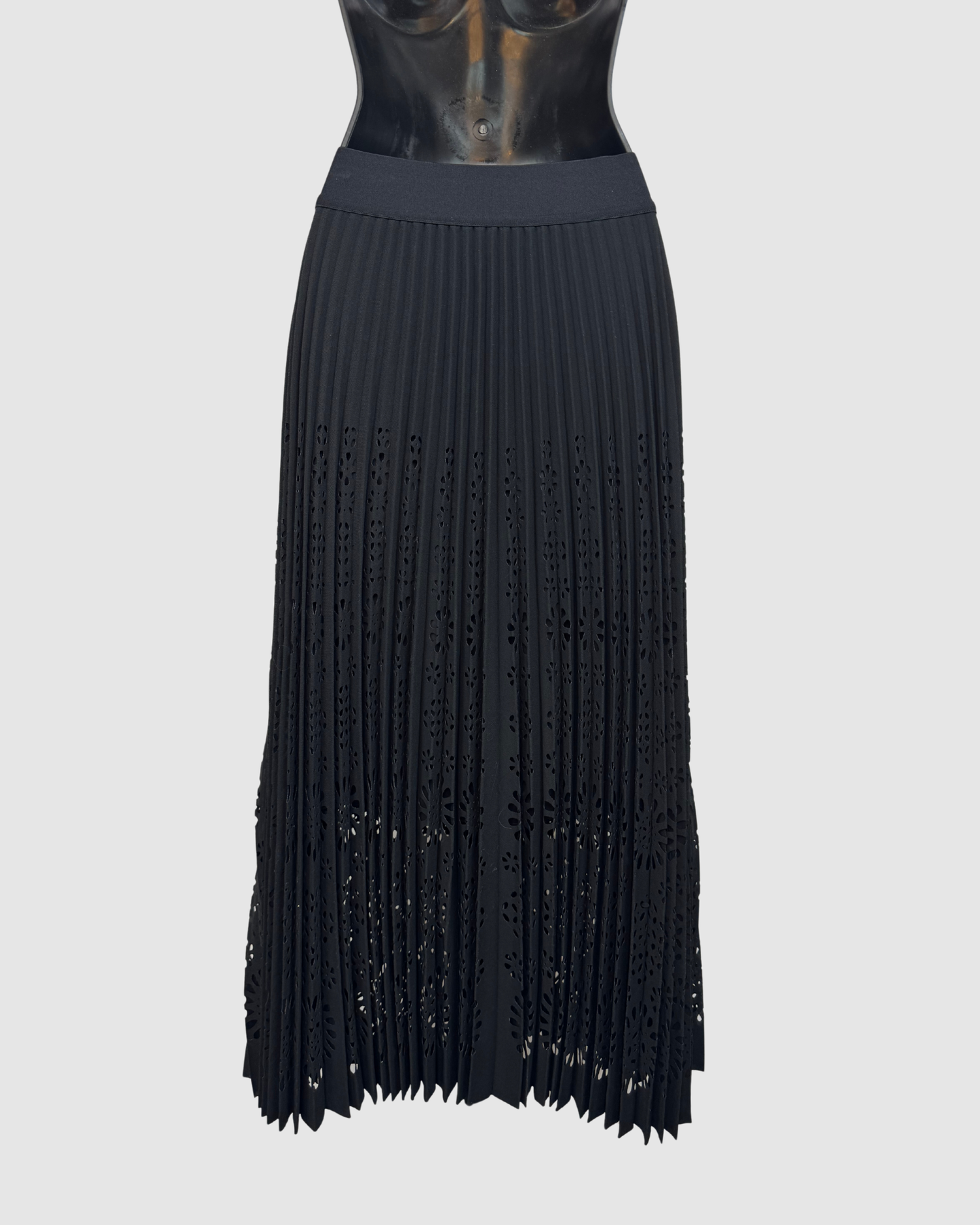 Elie Tahari Black Pleated Eyelet Midi Skirt NWT