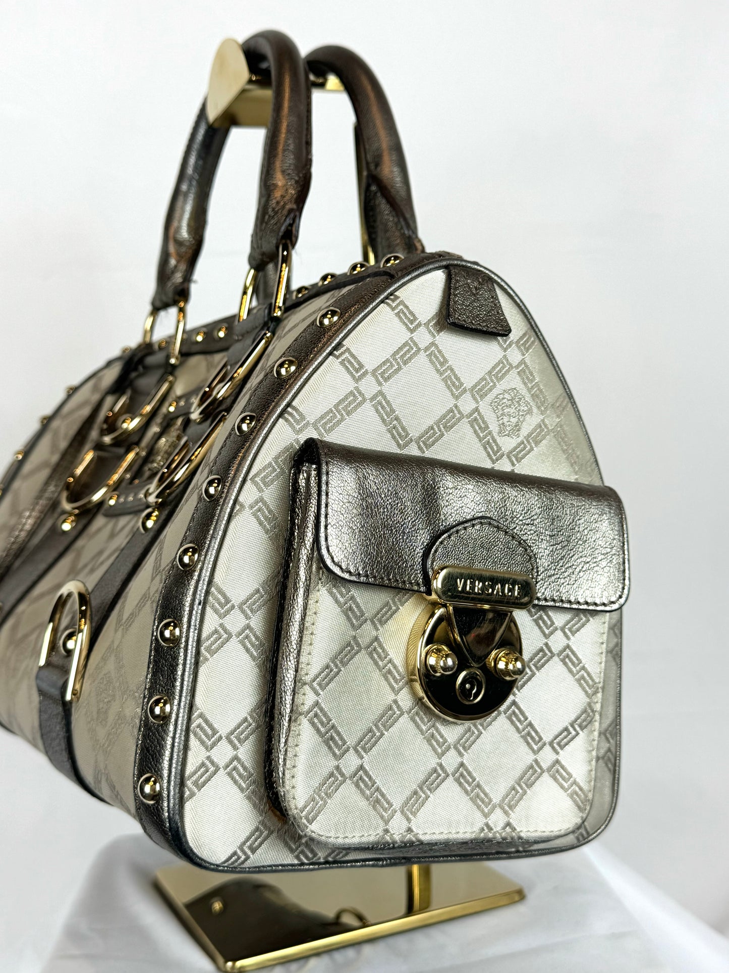 Versace Beige Metallic Leather Gold tone Hardware "Madonna Boston" Tote Bag