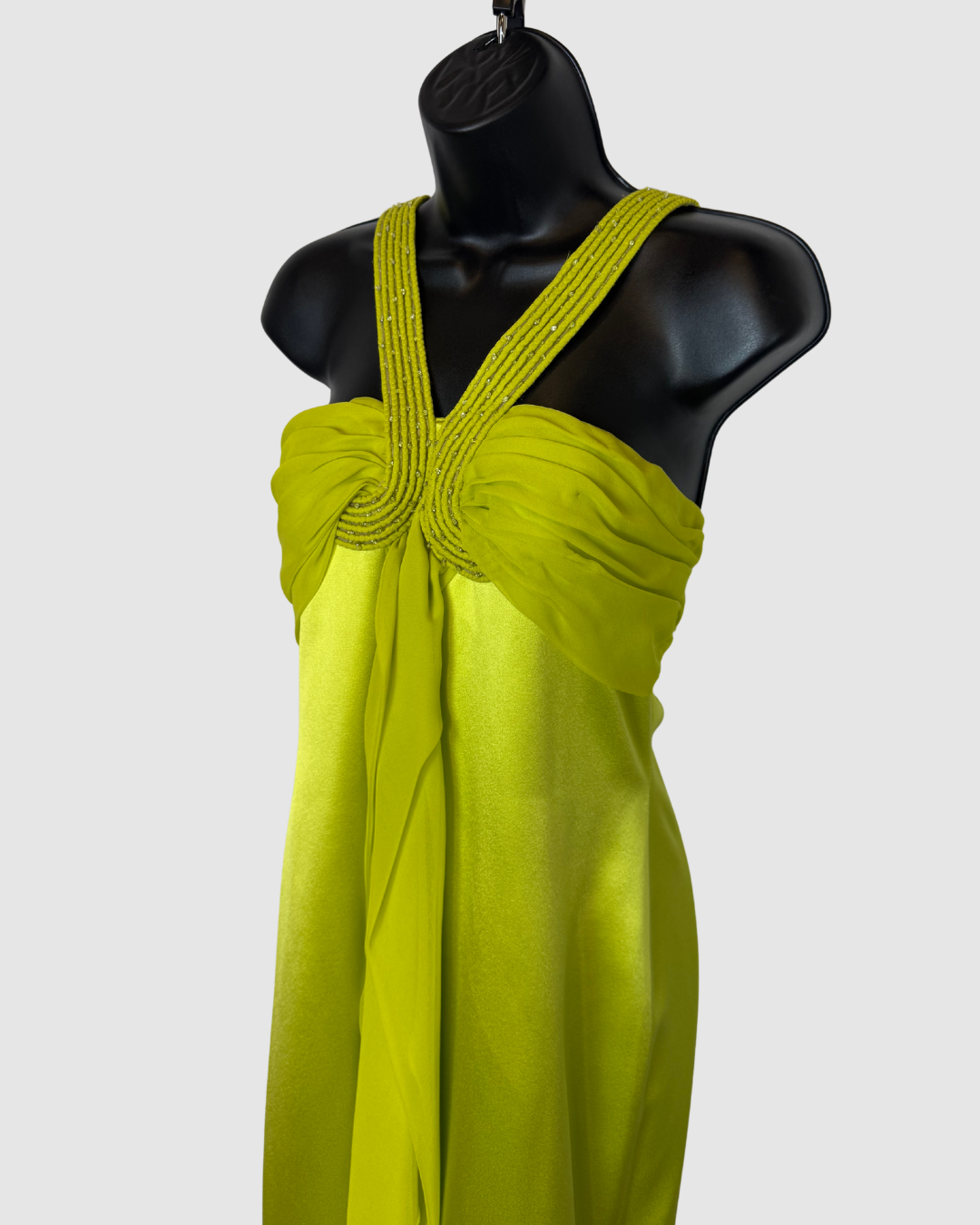 Pamela Roland Lime Green Silk Mini Dress w/ Beaded V-Neck