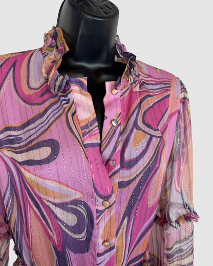 Alexis Pink Purple Disco Print Ruffle Button Long Bell Sleeve Knee-Length Dress w Belt