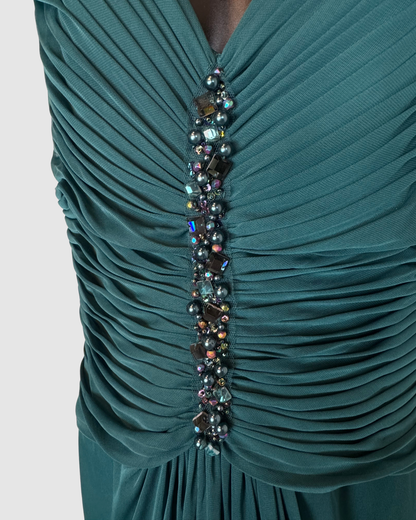 Adrianna Papell Emerald Green V-Neck Rushed Beaded Gown w Scarf