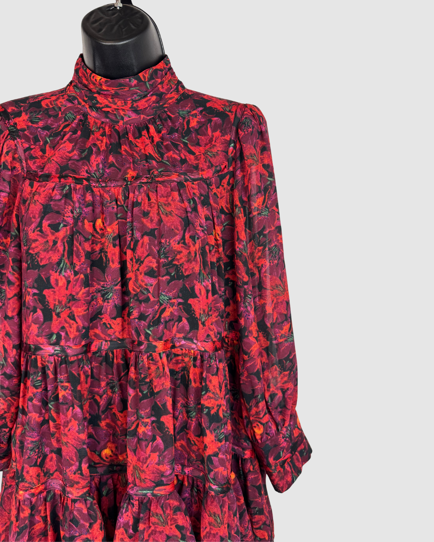 Cinq a Sept Red Purple Floral Mock-Neck Long Sleeve Mini Dress NWT