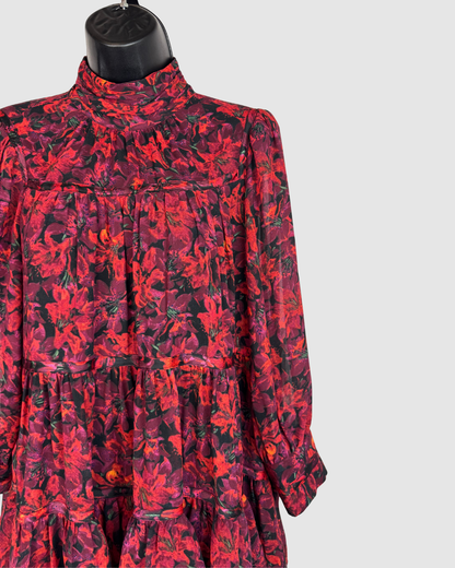 Cinq a Sept Red Purple Floral Mock-Neck Long Sleeve Mini Dress NWT