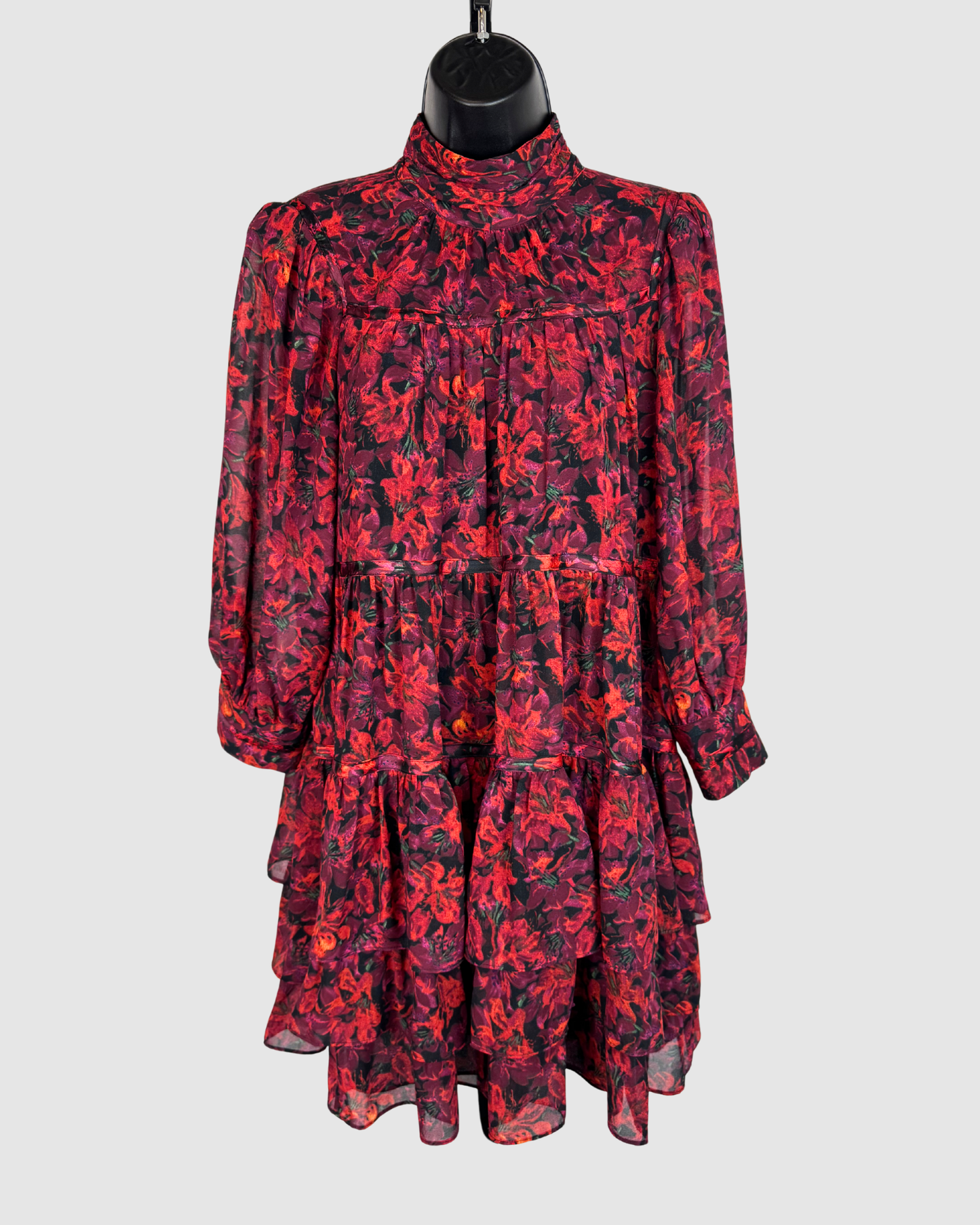 Cinq a Sept Red Purple Floral Mock-Neck Long Sleeve Mini Dress NWT