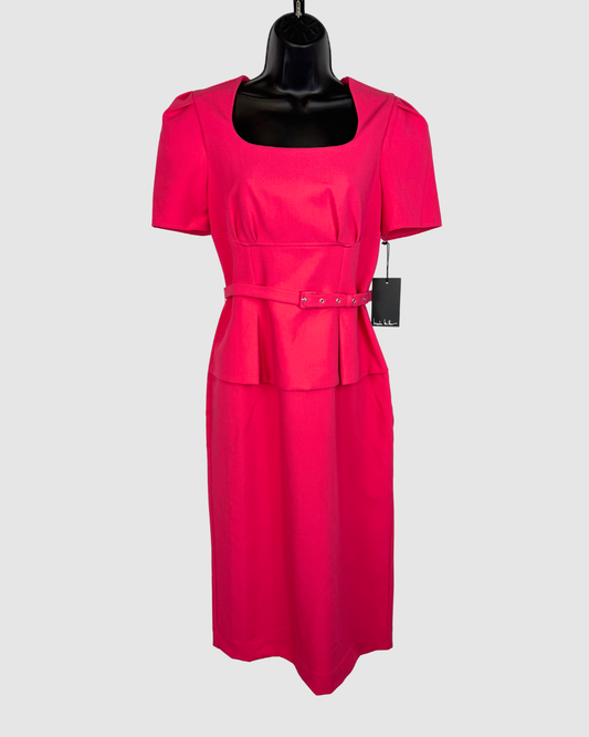 Nicole Miller Hot Pink Square Neck Short Sleeve Midi Dress w Belt NWT