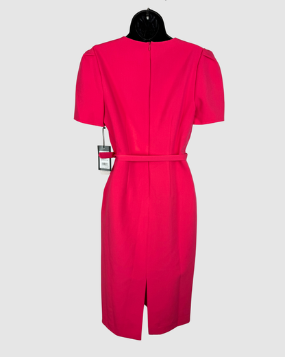 Nicole Miller Hot Pink Square Neck Short Sleeve Midi Dress w Belt NWT
