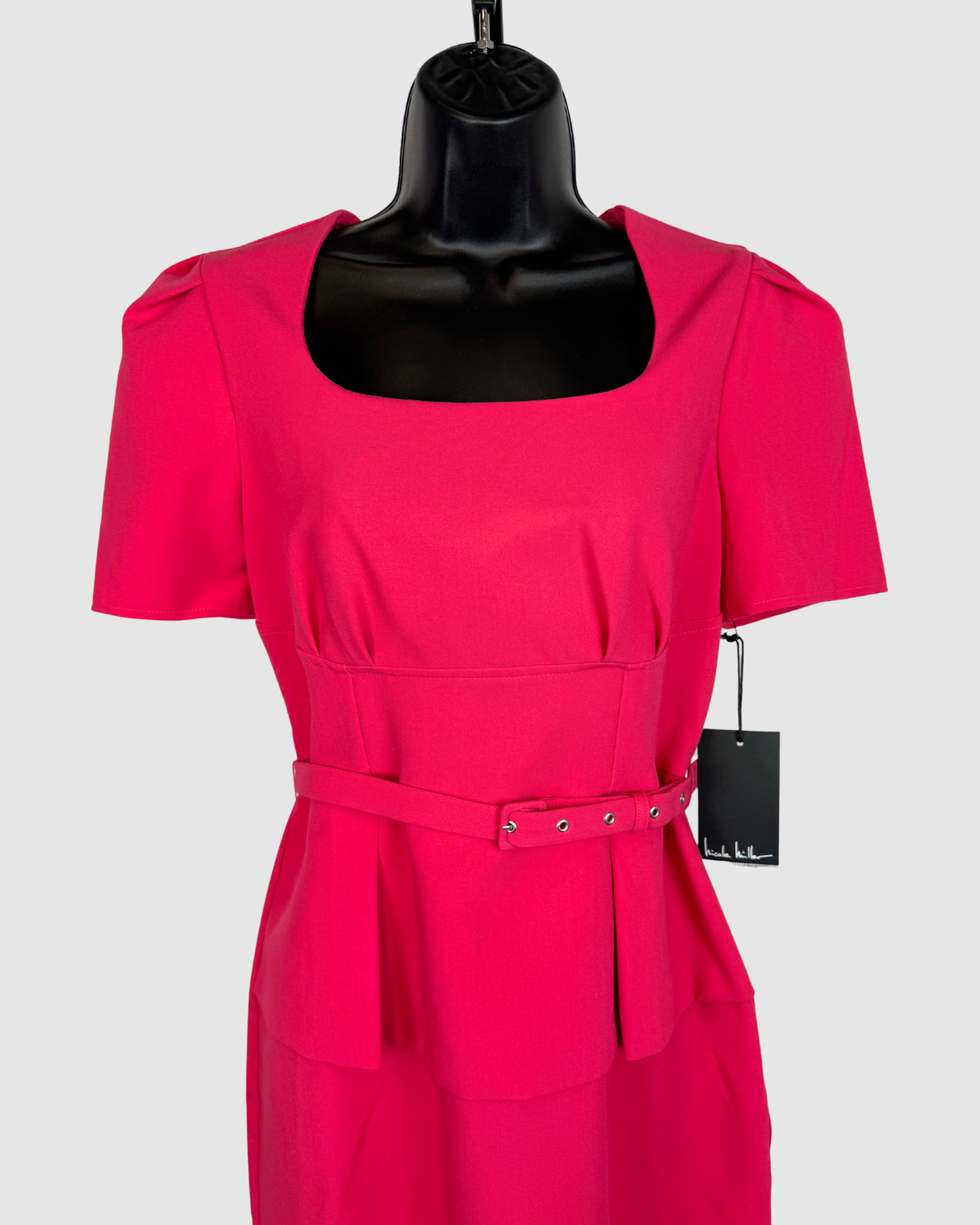 Nicole Miller Hot Pink Square Neck Short Sleeve Midi Dress w Belt NWT
