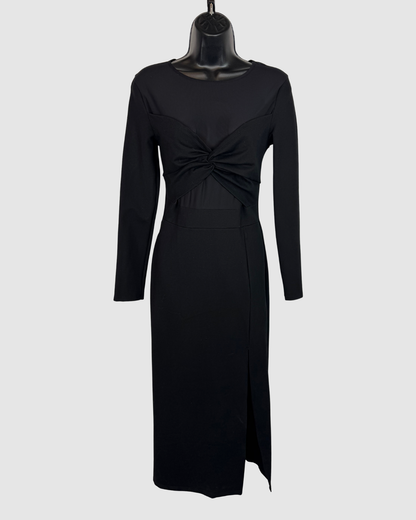 Celia Illusion Black Mesh Twist Front Long Sleeve Fitted Midi Dress