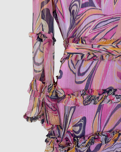 Alexis Pink Purple Disco Print Ruffle Button Long Bell Sleeve Knee-Length Dress w Belt