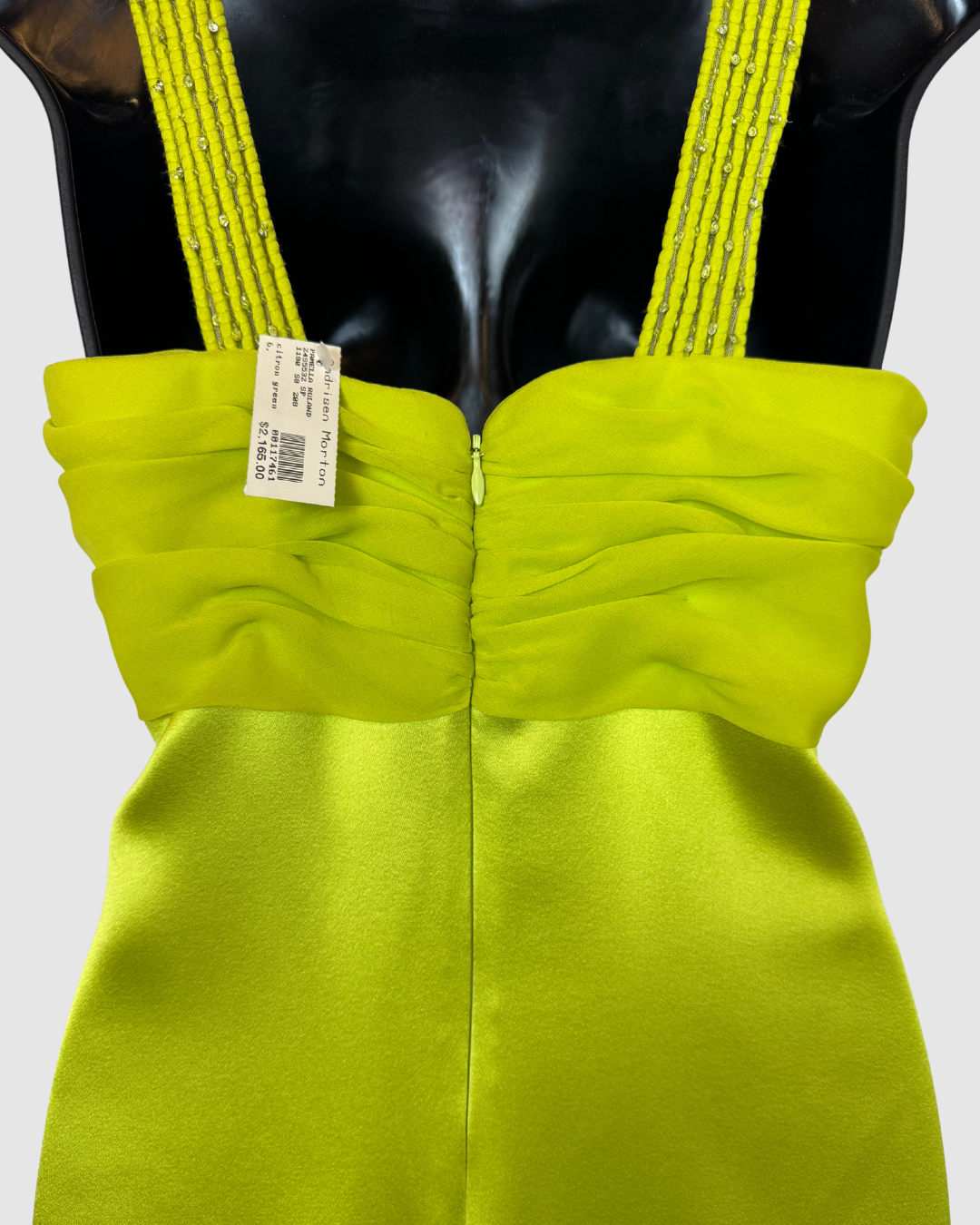 Pamela Roland Lime Green Silk Mini Dress w/ Beaded V-Neck