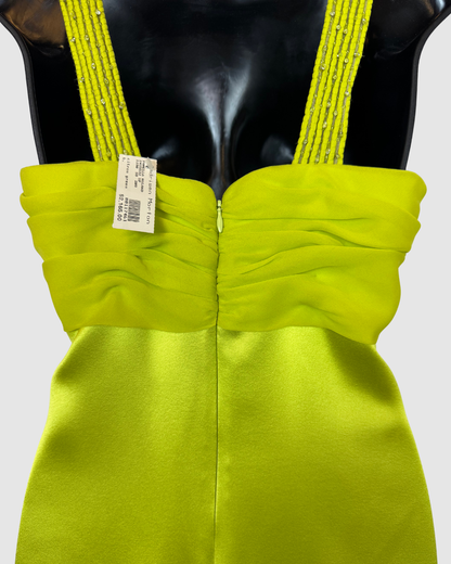 Pamela Roland Lime Green Silk Mini Dress w/ Beaded V-Neck
