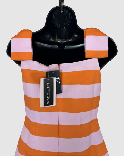 Sachin & Babi Orange Light Purple Stripe Bow Strap Mini Dress NWT